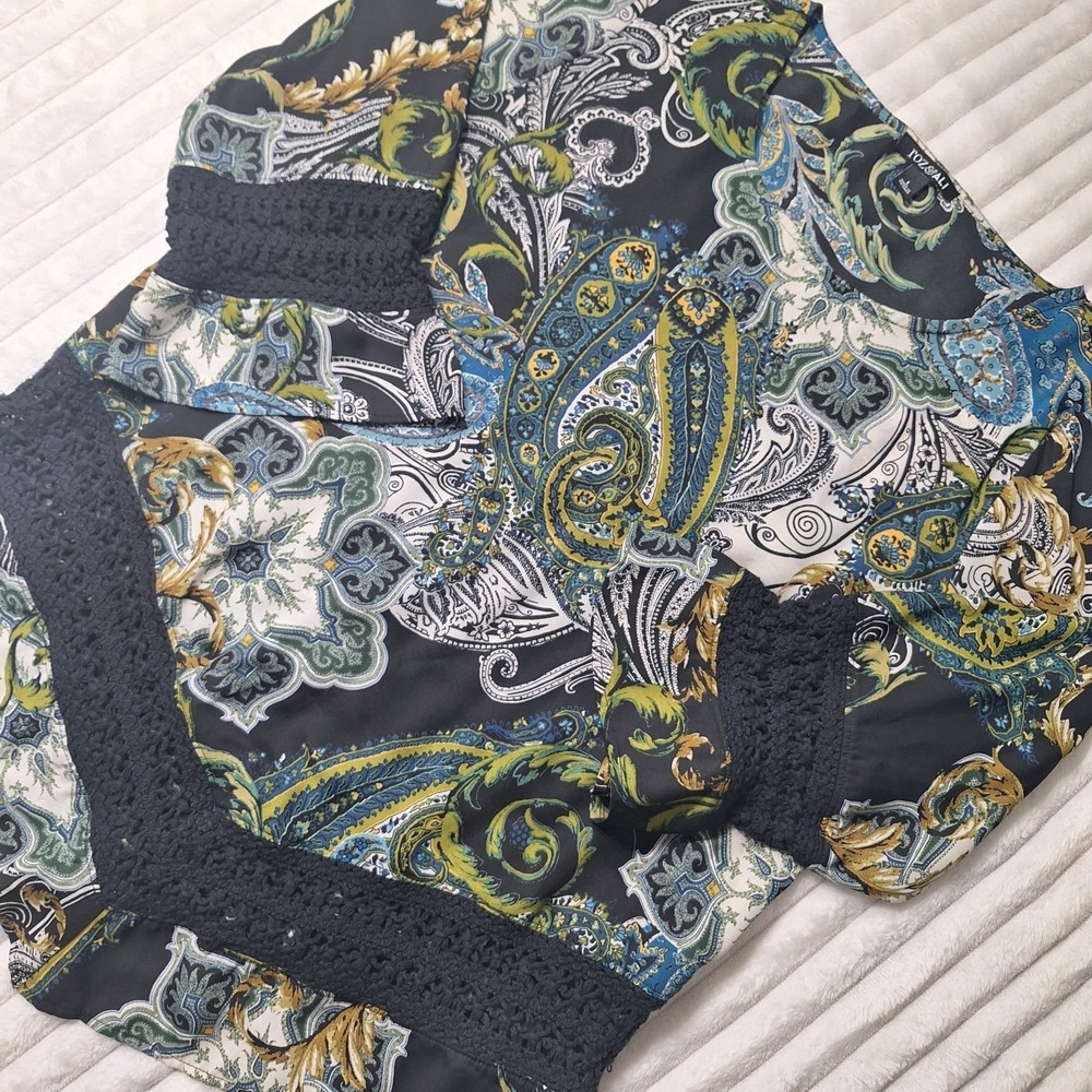 Roz & Ali Chiffon Crochet  Blouse Womens L Paisley‎ Dark Romantic Whimsy Goth